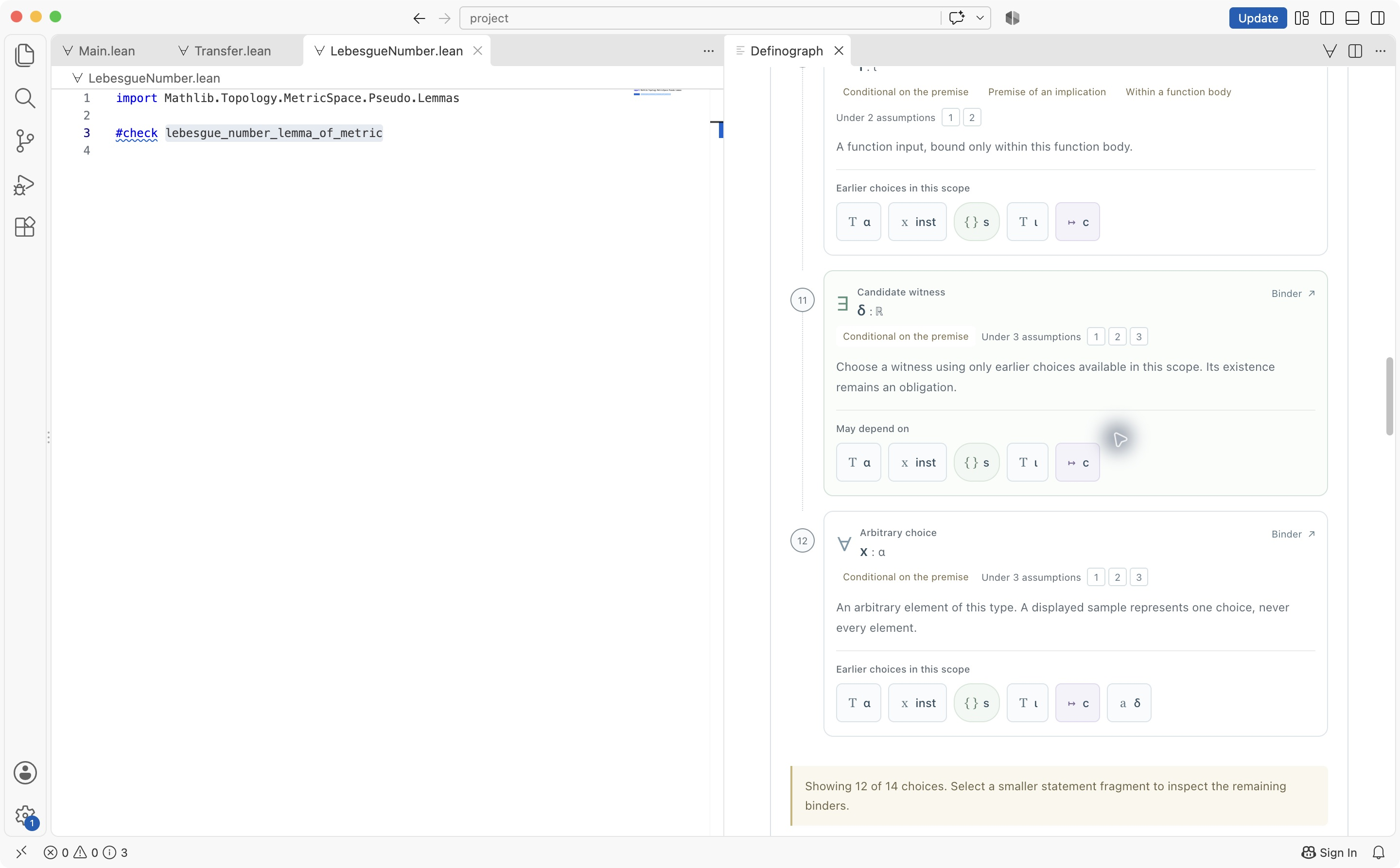 The installed Choices view shows candidate radius delta at step 11 before arbitrary center x at step 12, followed by its 12-of-14-choices limit.